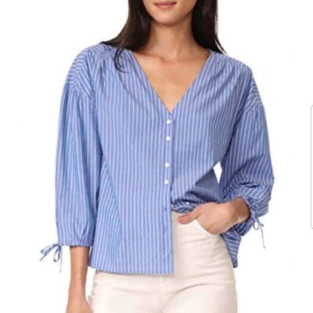 🌟 Madewell Morning View Blue Striped Tie Sleeve Button Down Top SZ XS Cotton